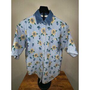 Vintage 1980 Women's Sunflower  Denim Novelty Button Down Short Sleeve Shirt Lad